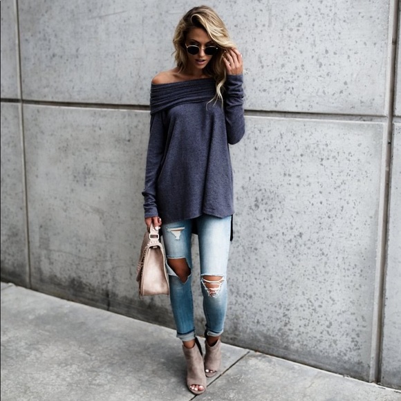 Foldover Off Shoulder High Low Knit Sweater Top - Picture 10 of 11